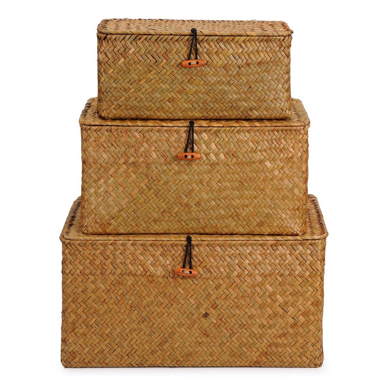 DOKOT Woven Wicker Storage Bins with Lid, Seagrass Basket for Shelf Organizer, Extra Large, Set of 3 - Image 2